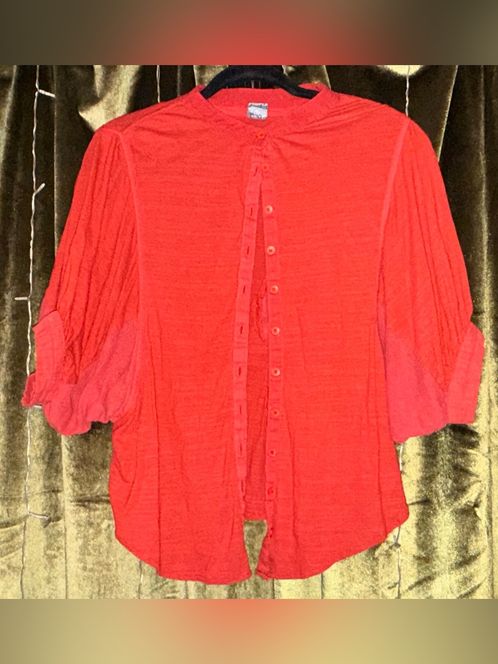 Free People Orange Red Button-Down Blouse with Pleated Sleeves